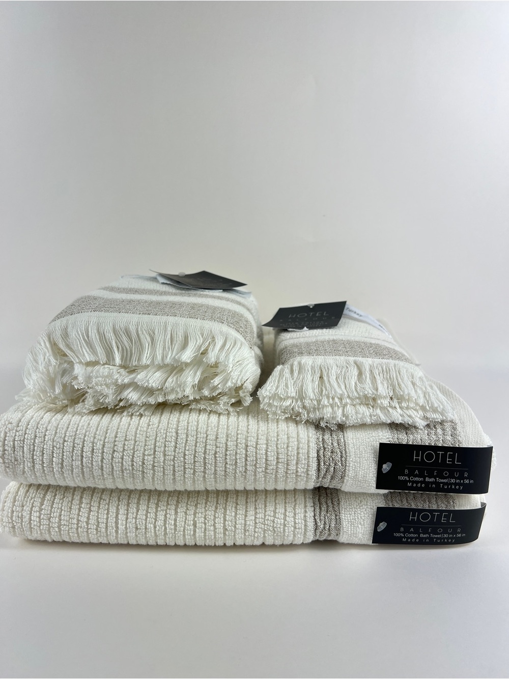 Hotel Balfour BathTowel Set White Tan Stripe Fringe Soft Turkish Cotton 6 Pc NEW